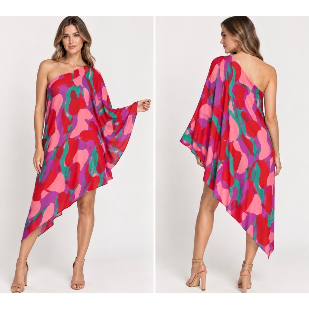 Tyche Color Mixer Slant Dress One Shoulder Asymmetrical Abstract Print Small NEW